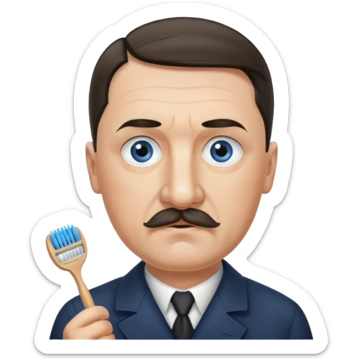 Adolf Hitler had an oval face with fair skin. His eyes were blue and his eyebrows were dark and somewhat bushy. Above his upper lip he wore a small, brush-like mustache, known as a "toothbrush moustache". His sticker