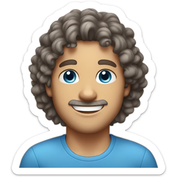 man-with big smile-curly brown-hair with grey streaks-and-blue-eyes, blue shirt sticker
