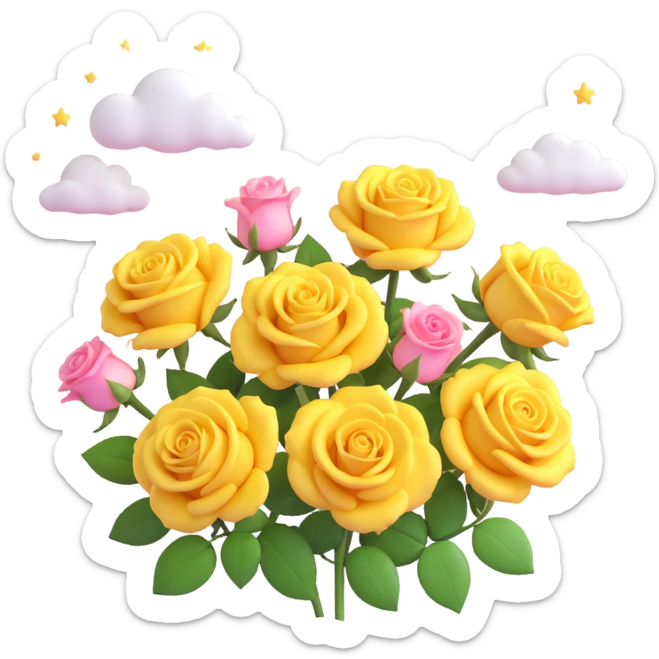 Polaroid picture with yellow roses and a pink sky with stars and clouds, detailed, white background, 3D iOS style sticker