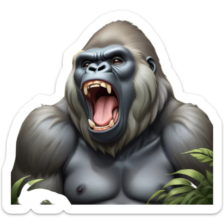 Cinematic Cute Yawning Silverback Gorilla Portrait Emoji, Head tilted slightly with a dramatic, wide-open yawn, showcasing a formidable build with a silvery mane and drowsy, half-closed eyes, Simplified yet irresistibly adorable features, highly detailed, glowing with a soft, cozy jungle glow, high shine, relaxed yet expressive, stylized with a dash of whimsical primate charm, soft glowing outline, capturing the essence of a drowsy yet affectionate guardian that appears ready to stretch out for a nap! sticker