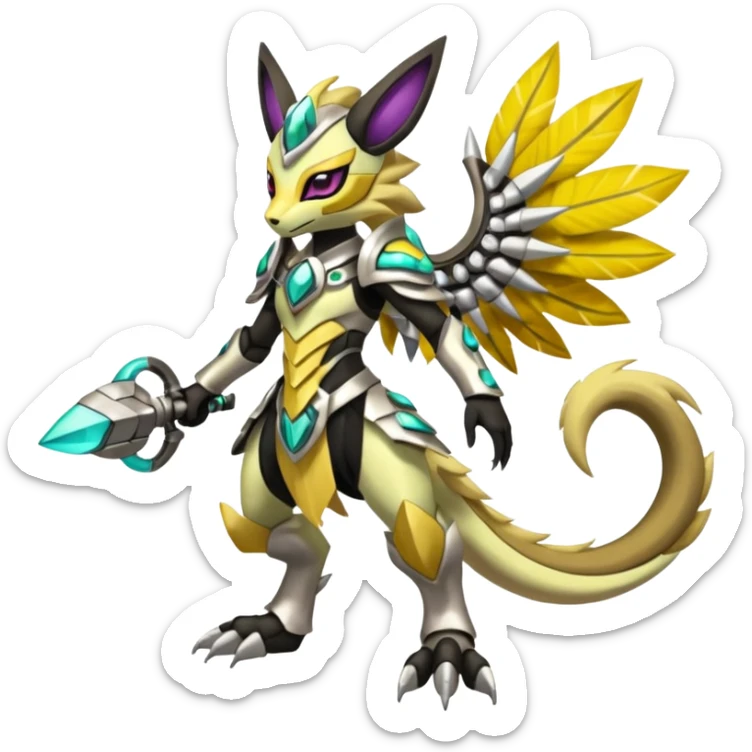 Colorful masked armored leathery scaly furry Futuristic Meloetta-Manectric-Solgaleo-Raikou-Pokémon-Digimon-Fakémon-fusion-hybrid-creature, full body sticker