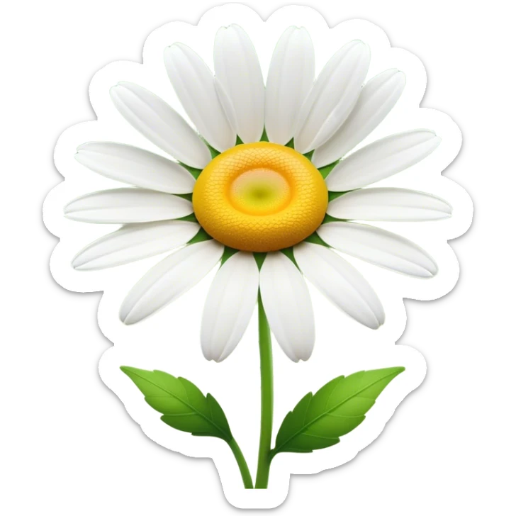 Cinematic Realistic Daisy Emoji, Cheerful and pure, with bright white petals surrounding a sunny yellow center, standing proudly atop a slender green stem. The soft, vibrant petals seem to radiate positivity, while a few green leaves frame the delicate flower. Soft glowing outline, capturing the essence of simplicity, innocence, and happiness in a single daisy. sticker