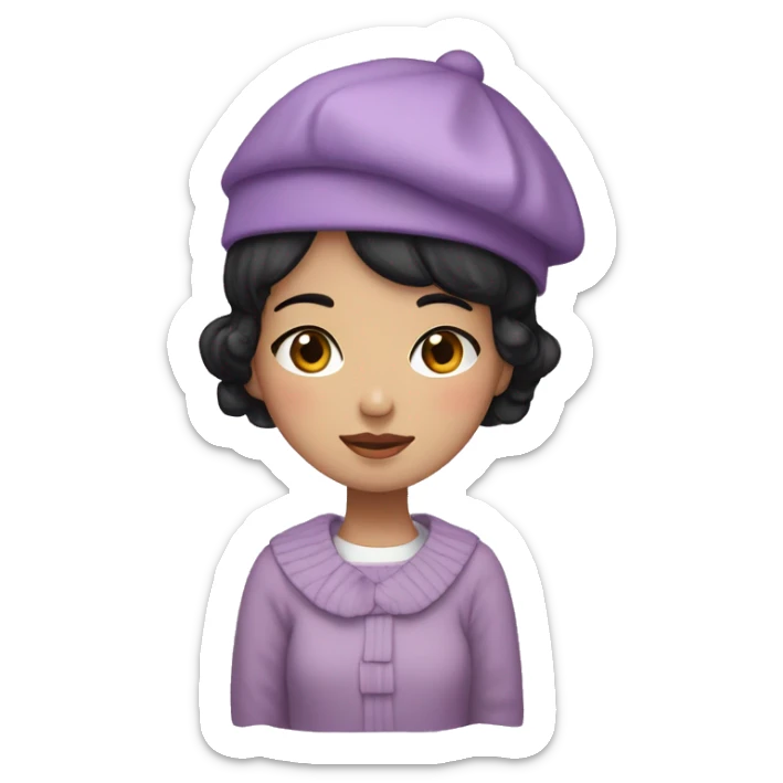 korean girl short black hair sharp jawline, wearing a lilac sweater and beret and bow sticker
