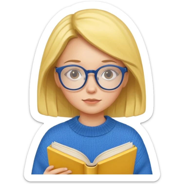 a girl with glasses wearing blue sweater reading a yellow cover book sticker