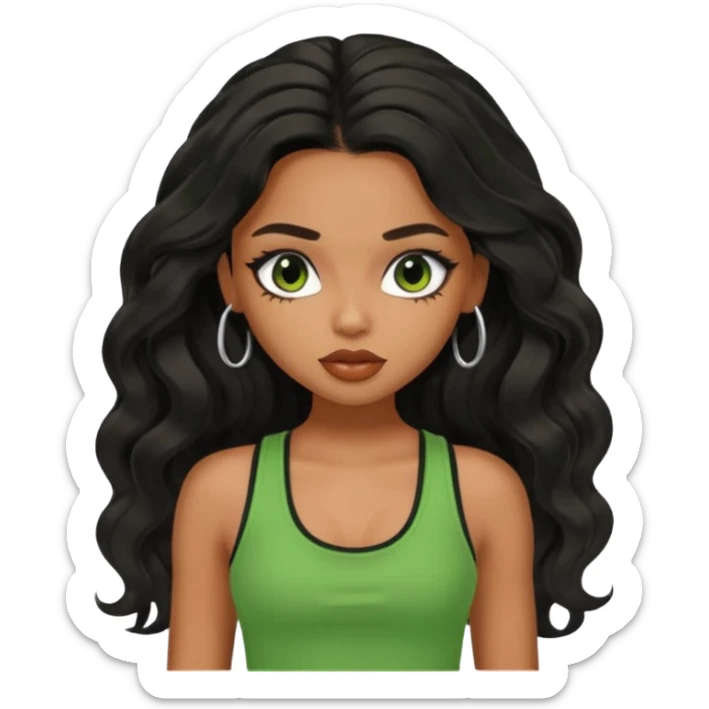 a pretty bratz brown girl with long wavy black color hair and green tank top on sticker