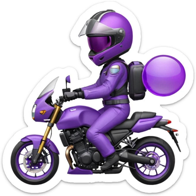Créer un emoji avec une moto mt07 sport noir mate / violet iridescent très foncé. Avec une pilote dessus visière violet sombre faceless, bulle de la moto violet. Avec fond arrière violet, tenue complète casque inclus violet  sticker
