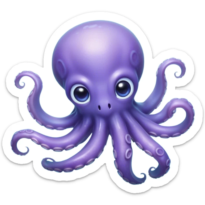 Cinematic Noble Baby Octopus Portrait Emoji, Poised and graceful, with a soft, rounded, slightly translucent body in a dreamy light blue-purple hue, large, glistening eyes full of quiet intelligence and mystery, delicate, flowing tentacles curling gently, Simplified yet sophisticated features, highly detailed, glowing with a soft, ethereal oceanic radiance, high shine, elegant and serene, stylized with an air of deep-sea wonder, focused and tranquil, soft glowing outline, capturing the essence of an otherworldly, intelligent little cephalopod, floating effortlessly in the gentle ocean currents! sticker