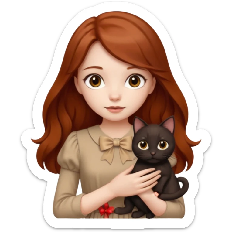 a beautiful girl with long red and brown hair, clear brown eyes, in a beige dress and with a beige bow holds two black cat in her hands sticker
