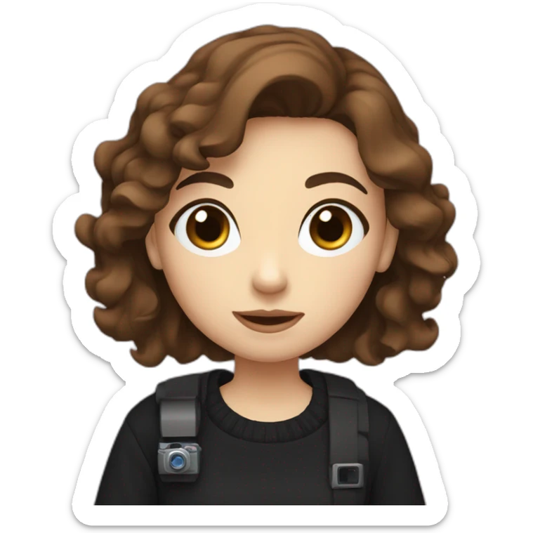 girl with short wavy brown hair, blue eyes, wearing a black sweater, holding a videocamera sticker