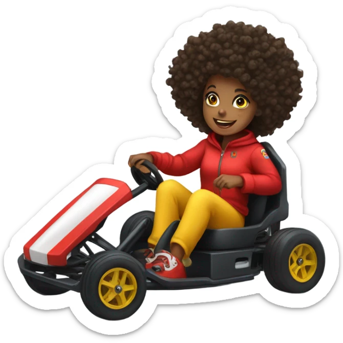 Go kart, black girl wearing red, curly hair, yellow eyes sticker