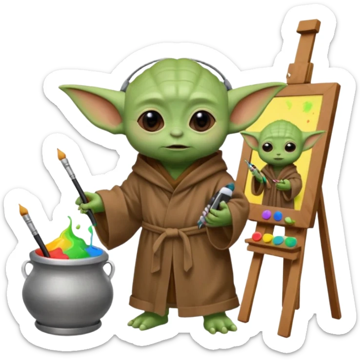 Baby Yoda in his brown robe listening music on his headphones, painting a picture on an easel and surrounded by paint pots. sticker