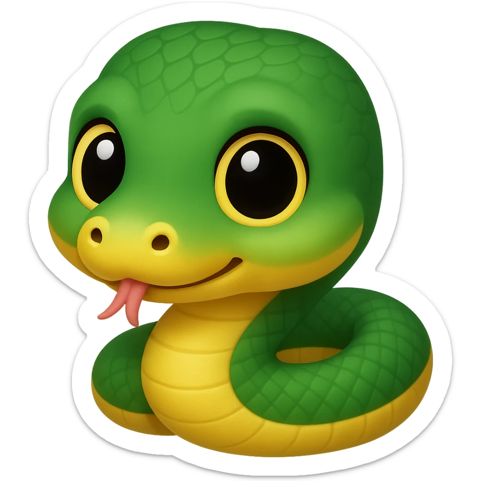 Make the baby anaconda look even younger and cuter, with a rounder face, bigger eyes, and a smaller body, in a simple and adorable emoji style, no background. sticker