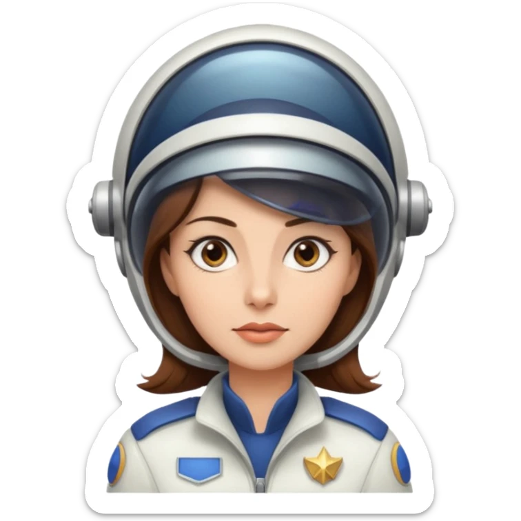 woman with brown hair and brown eyes.  space ship captain with white hat sticker