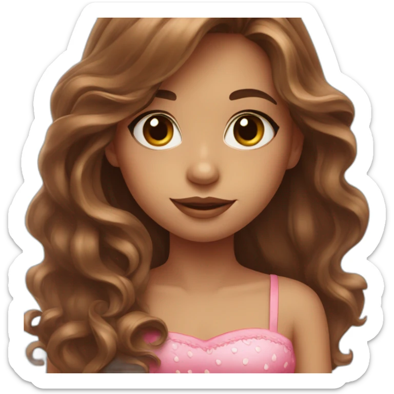 Girl with long brown wavy hair and a pink dress and strawberry decorations sticker