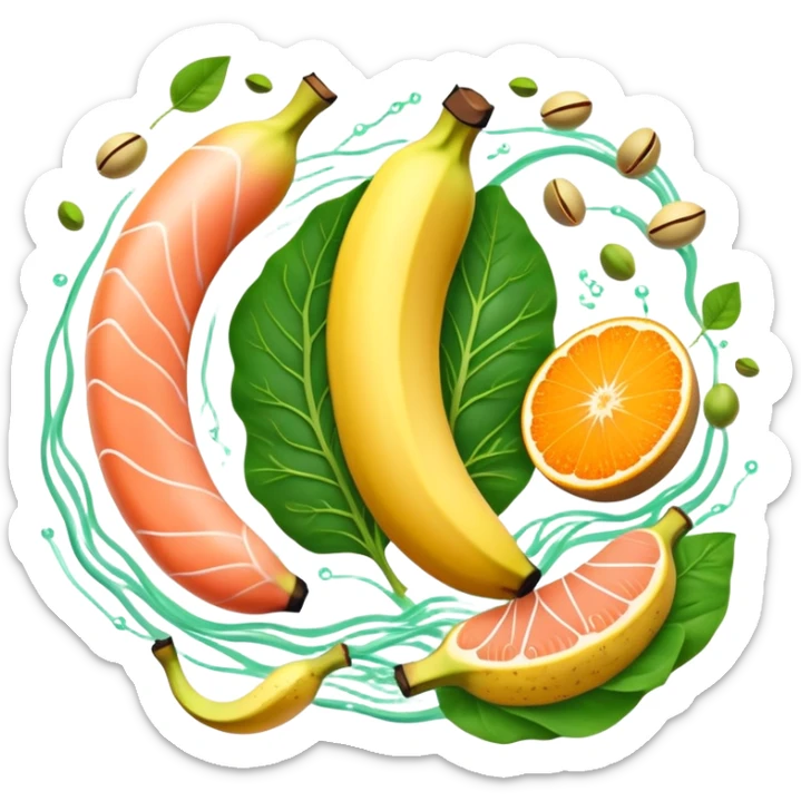 Golden banana, bright green spinach, salmon, kiwi, pistachios, and orange juice floating around a glowing nervous system and heart. Electrical waves connect these potassium-rich foods to nerves, heart and muscles, showing how they support electrical stability in the body. sticker