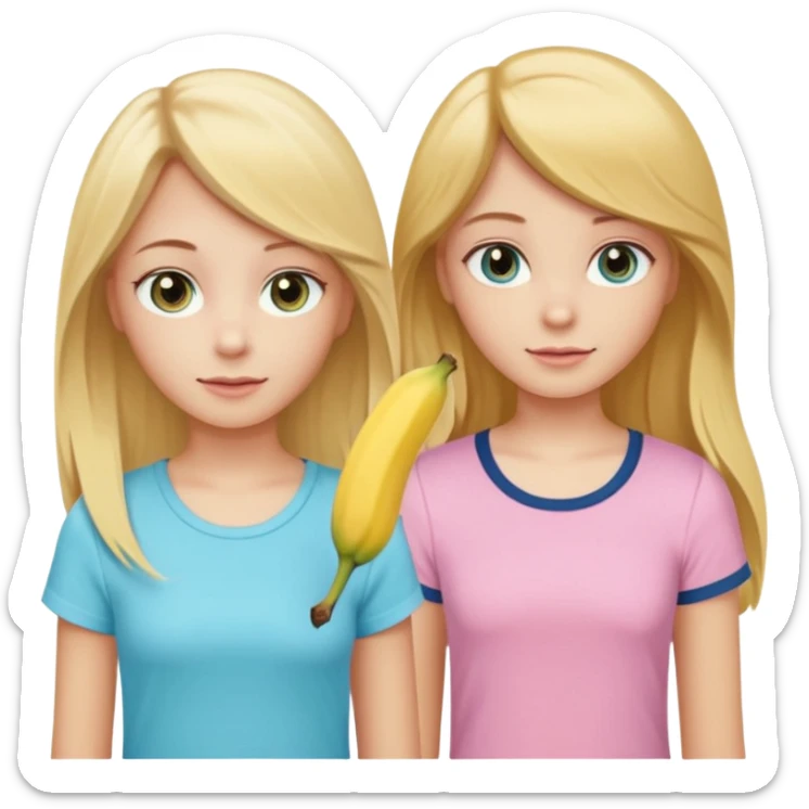 two girls together, girl 1 with long straight-wavy light golden-yellow blonde hair, light hazel eyes, pale peach skin, wearing a light pastel aqua-blue top; girl 2 with medium-short dark blonde or light brown hair, dark blue eyes, pale peachy-pink skin, wearing a pastel banana-yellow top sticker