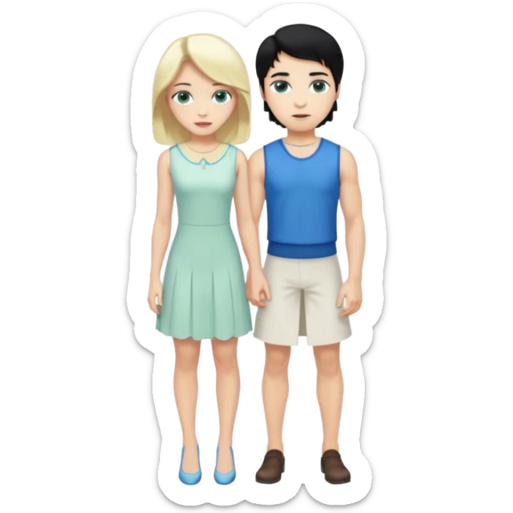 prince, standing upright, black Hair, blue eyes, garment,  woman, bending knee, white sleveless dress, blonde hair, green eyes, sticker