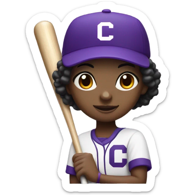 baseball card character. black girl. short hair. letter C logo. Purple and white uniform.  sticker