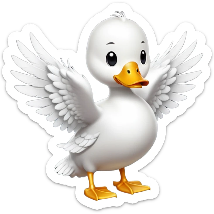 cinematic-[white duck]-realistic-full-body-perched-emoji,-wings-tucked-neatly by its side,-head-tilted-dramatically,-sleek-[white]-feathers,-simplified-yet-realistic-focused-features,-highly-detailed,-glowing-with-an-almost-sarcastic-glow sticker