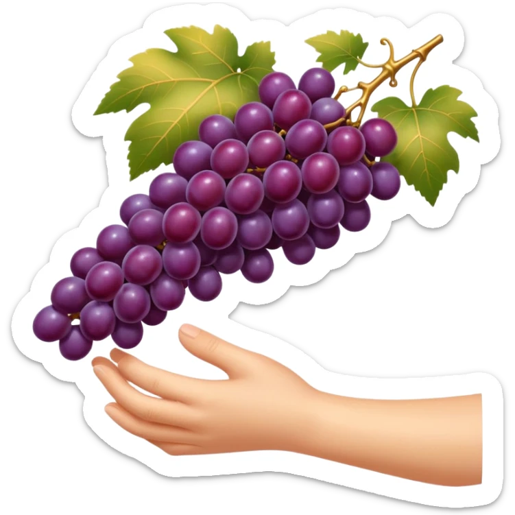 elegant hand picking one or two perfectly ripe glossy purple grapes from a vine under warm golden sunlight minimalist luxury style clean emoji look soft shading premium feel sticker