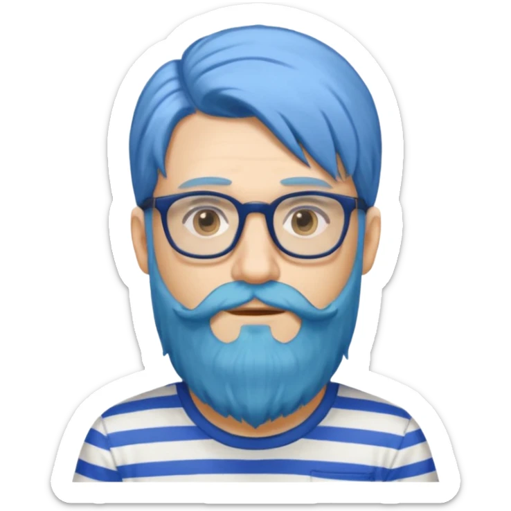man with long blue hair, glasses, and a long beard and wearing a striped t-shirt sticker