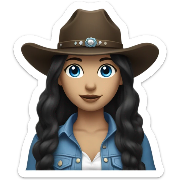 Long Flowing hair, Blue eyes cowgirl, pale skin, black hair, black cowgirl hat sticker