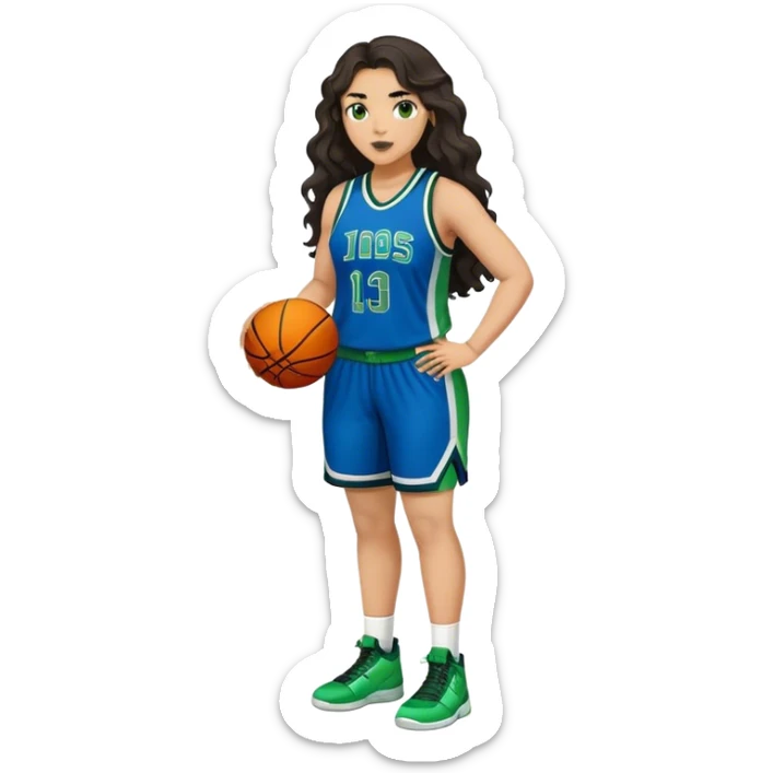 Full Body light skin Latino plus size women basketball player with long wavy dark hair  wearing blue and green uniform sticker