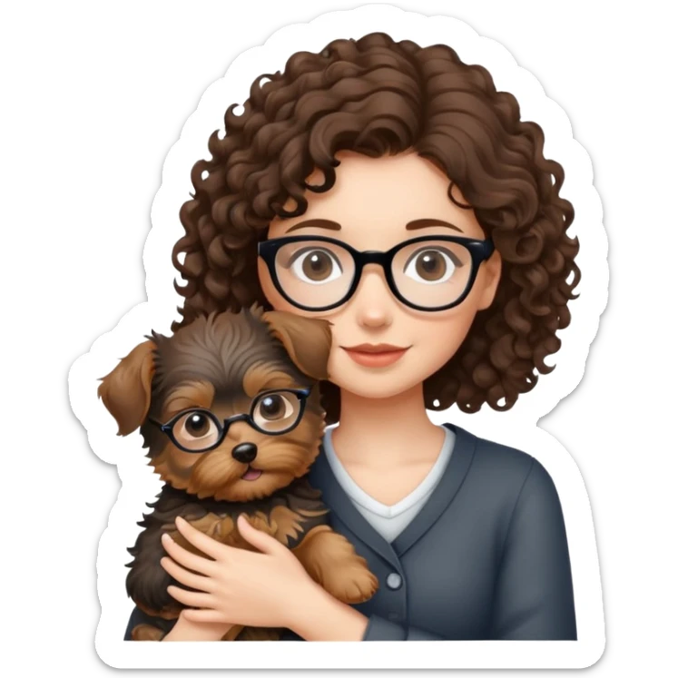 Brunette girl with glasses and curly hair embracing a yorkshire terrier puppy sticker
