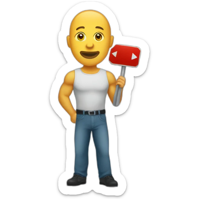 Bald muscular Man with a round traffic sign in his hand which he uses as a shield sticker