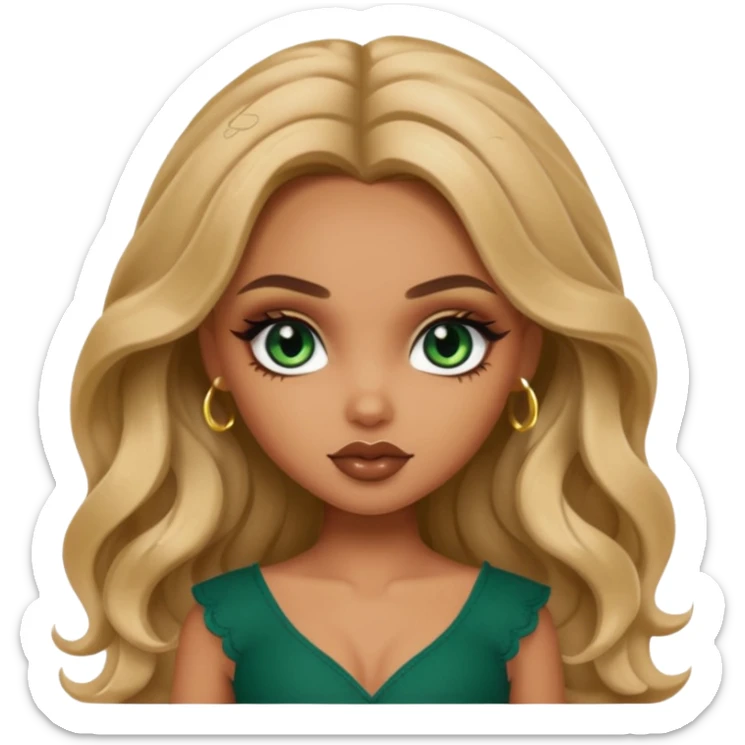 girly bratz baddie, beautiful dark green eyes, bratz makeup, long dark blonde wavy hair sticker