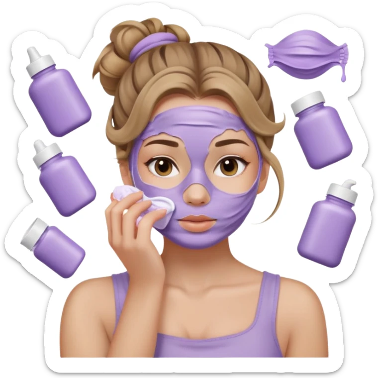girl with wavy dark blonde hair messy bun applying lilac skincare mask covering face sticker