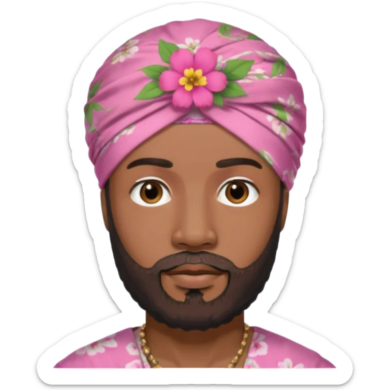Black male, goatee beard, wearing pink floral turban-style head wrap sticker