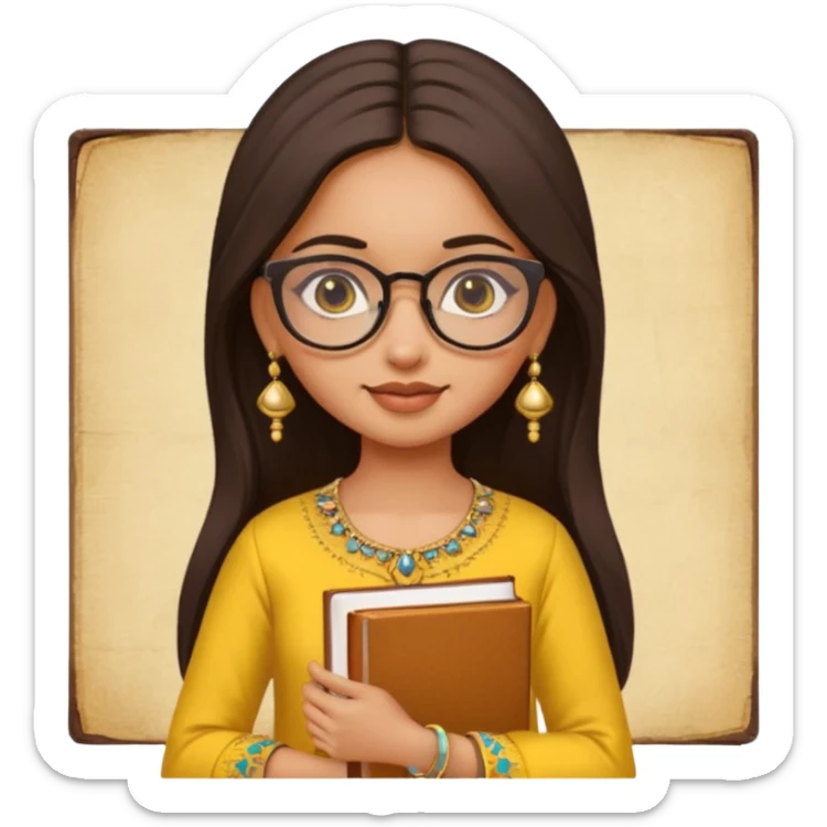 a pretty bratz fair indian girl wearing spectacles, jhumkas, kurti yellow, carrying books sticker