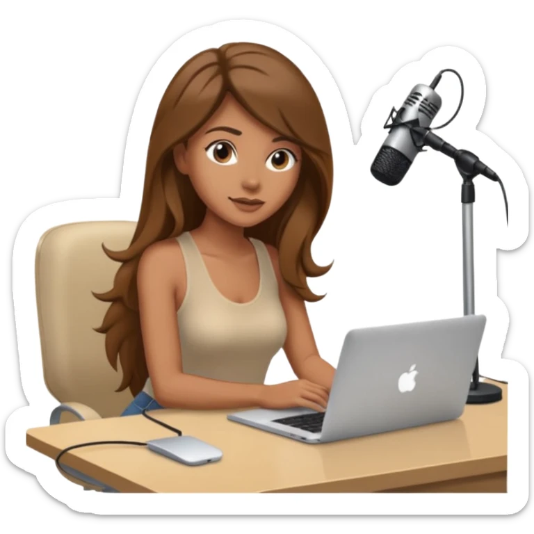 tanned brown long hair woman, sat at desk with MacBook, podcast microphone bleige top and vine color, sexy, glass table sticker