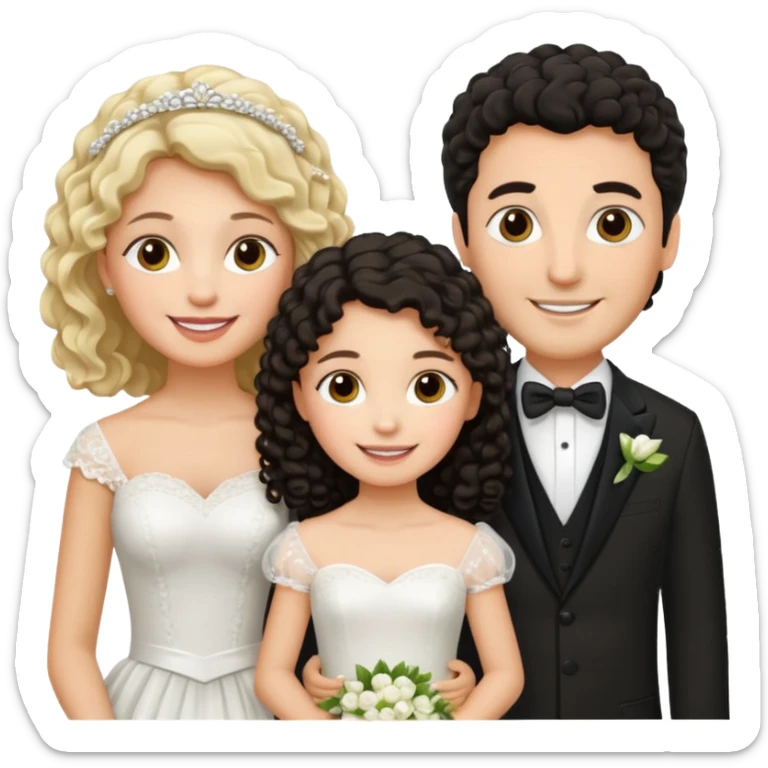 Familia : Novio pelo oscuro, Novia pelo rizado oscuro, hija mayor pelo mono , hija menor pelo oscuro. sticker