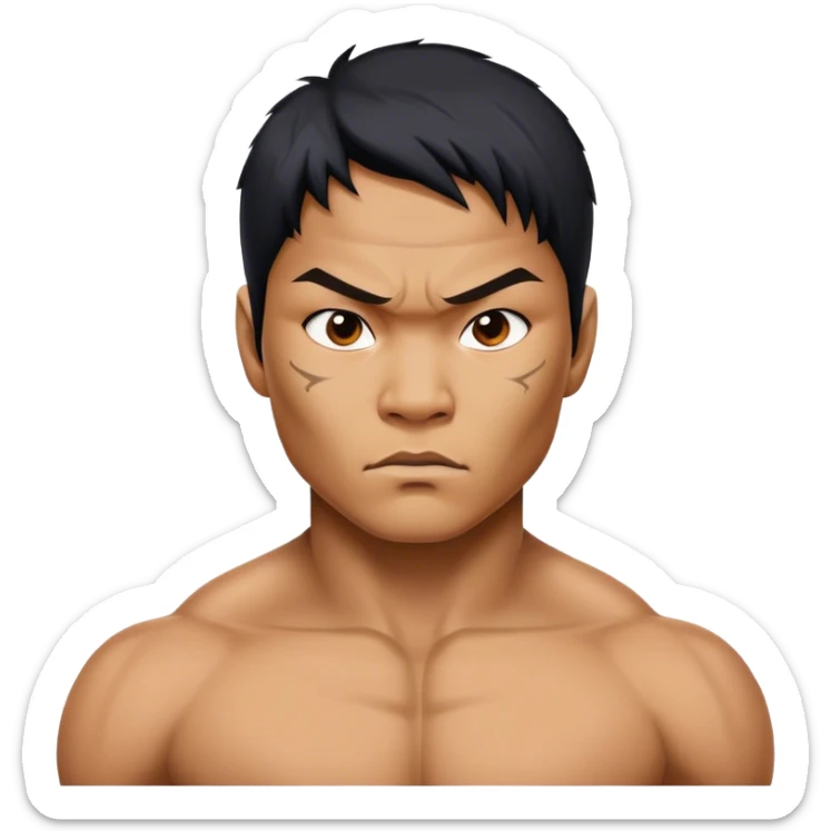 ​Cinematic Realistic Portrait of Tony Jaa, a close-up depiction capturing his intense, determined expression and finely detailed features, rendered with dramatic natural lighting that emphasizes his rugged athleticism and unmistakable martial arts presence, sticker