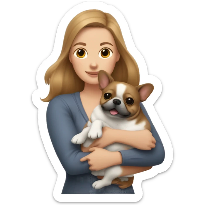 light brown hair woman hugging two dogs: in one arm a pomeranian and in the other a dark gray french bulldog sticker