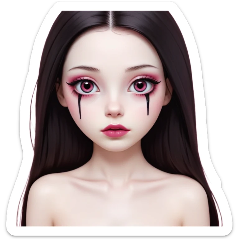 girl with white skin, dark brown long realistic straight hair with middle part prominently falling in front of her body over her shoulders, lips with reddish-pink shiny lip gloss and absolutely no cupid's bow, big round eyes with very black shiny eyeballs and natural long eyelashes, absolutely no eye makeup, no eyeshadow, no eyeliner, completely bare eyes, light pink blush on cheeks, lighter button nose, exceptionally elongated very long oval-shaped face, wearing a pink off-shoulder top, looking directly at camera with hands down at sides sticker