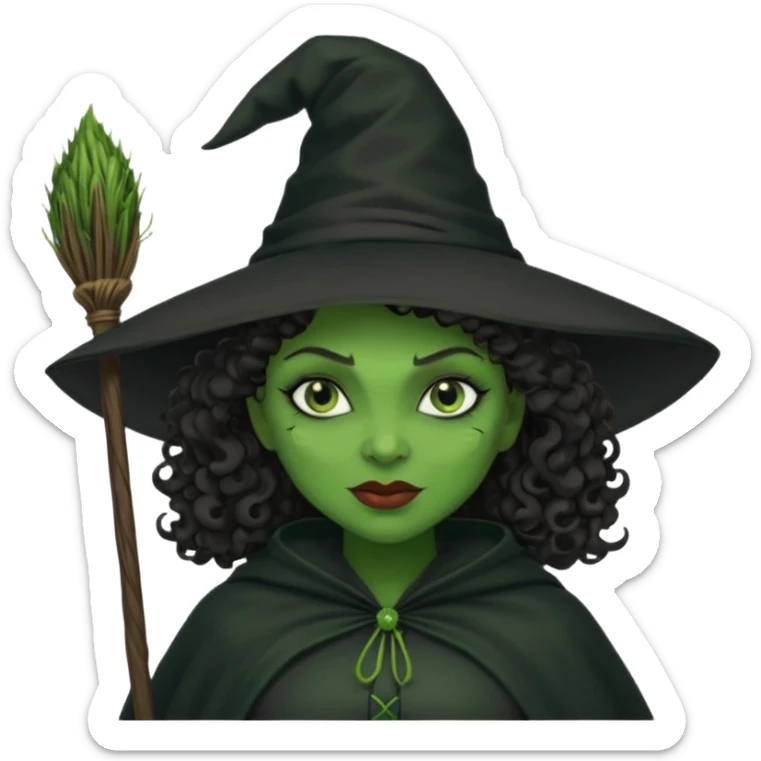 elphaba wicked witch with broom close up, evil dark curly hair, green skin, thick lips, cheekbones, smirk evil menacing cythia erivo dark aesthetic black hat cloak  sticker