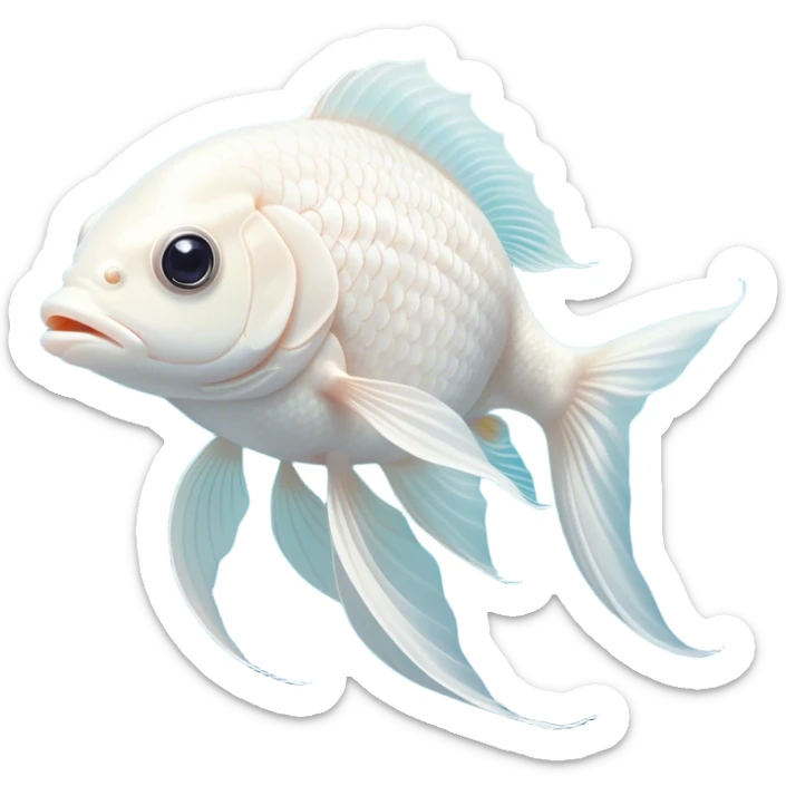 Cinematic Noble White Goldfish Portrait Emoji, Poised and regal, with a sleek, streamlined build and a luminous, pure white body, deep-set soulful pale eyes, Simplified yet sharp and sophisticated features, highly detailed, glowing with a soft, dignified glow, high shine, intelligent and graceful, stylized with an air of aquatic purity, focused and attentive, soft glowing outline, capturing the essence of a watchful and confident aquatic companion, so majestic it feels as though it could glide out of the screen with effortless authority! sticker