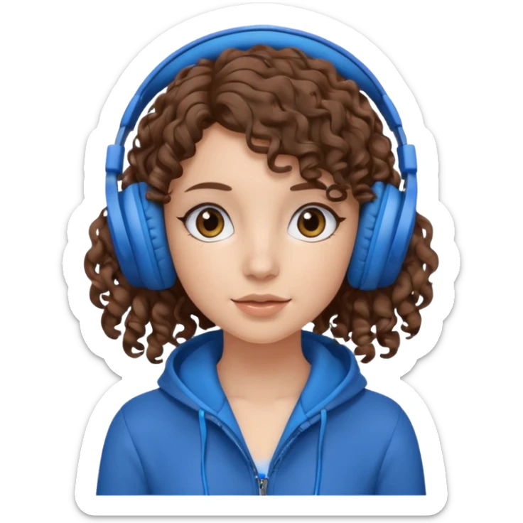 A girl with curly hair listening to music with blue headphones sticker