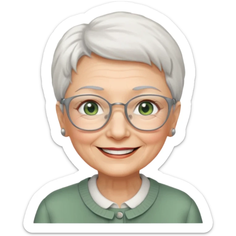 Create me emoji of an old lady. Short white hair to left side. Square glasses. Gray-green eyes. Big smile. sticker