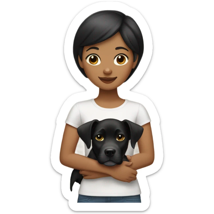 tan girl with short straight black hair holds her black Labrador and pitbull mix dog sticker