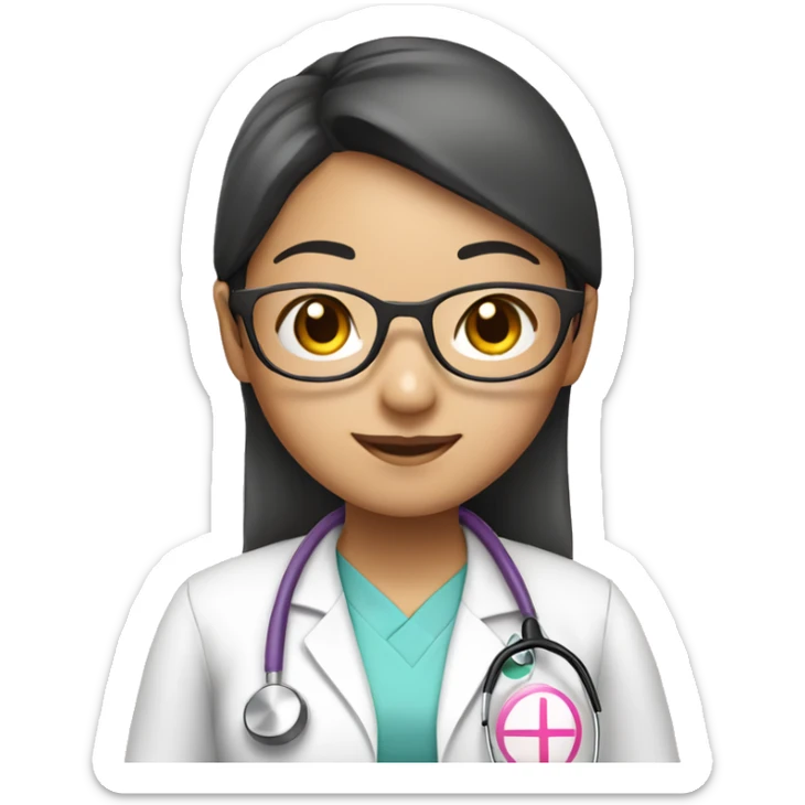 Asian girl with round glasses, wearing a pink nurse uniform (scrub) with a stethoscope sticker