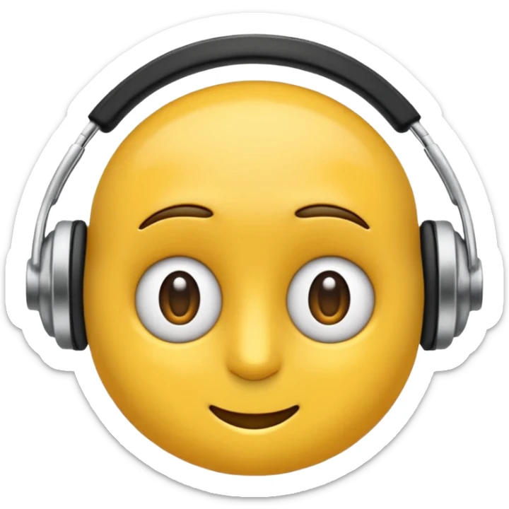 Ein gelber runder Emoji. Augen geslossen. Total im moment. Glpcklich, leichtes lächeln. Verträumt. Leichtigkeit. Freiheit. Overearkopfkörer auf und im hintergrund kleine musiknoten sticker