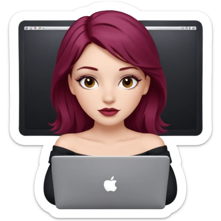 white girl, long blow-out style with middle part, burgundy hair, brown eyes, long eyelashes, full lips, off the shoulder black fitted top, laptop in front  sticker
