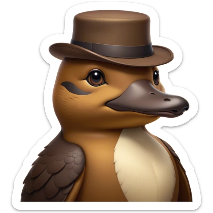 Cinematic Noble Platypus Portrait Emoji, Poised and regal, with a uniquely streamlined build and a sleek brown fur, a distinctive flat duckbill and broad, beaver-like tail, deep-set soulful eyes full of wonder, Simplified yet sharp and sophisticated features, highly detailed, glowing with a soft, dignified glow, high shine, intelligent and enigmatic, stylized with an air of aquatic curiosity, focused and attentive, soft glowing outline, capturing the essence of a watchful and confident oddity, so majestic it feels as though it could glide out of the screen with effortless authority! sticker