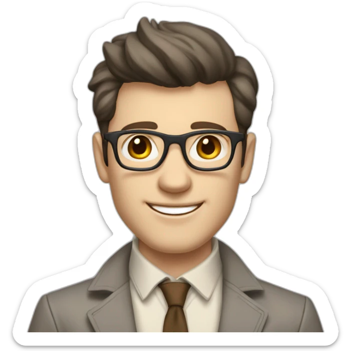 Joyful Full height Pale skinned Fit Man With dark brown hair in gray jacket, beige office shirt, Brown pants and vintage glasses. His thrumbs up sticker