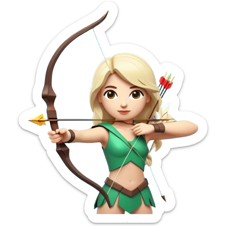Clash of Clans aesthetic: Cinematic Playful Pixel 3D Bow & Arrow Portrait Emoji, rendered in a 3D vector-style similar to standard emojis with minimal shading and bold, simplified shapes. A compact, distinct form with signature details, softly glowing with a pixelated adventure charm. Simplified yet unmistakably iconic, highly detailed and consistent, glowing with a soft radiance and high shine. Stylized with a touch of classic pixel-art charm and a soft glowing outline, capturing the essence of a beloved gaming relic with a friendly, playful manner! sticker