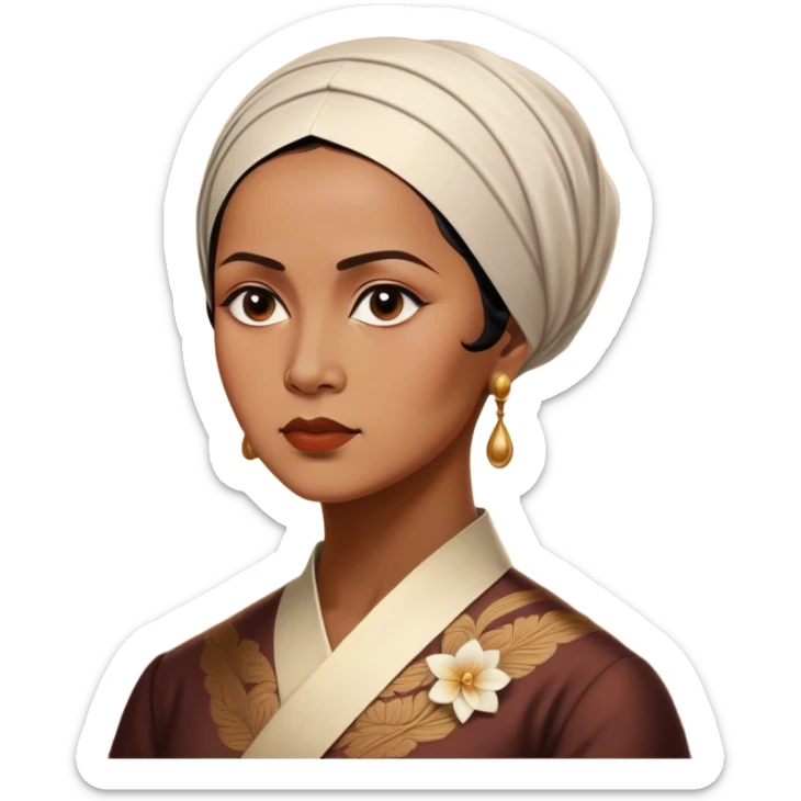 Cinematic Realistic Raden Ajeng Kartini Portrait Emoji, depicted as an inspiring Indonesian feminist icon in period attire with a thoughtful determined gaze, rendered with lifelike textures and warm empowering lighting that captures her pioneering spirit. sticker